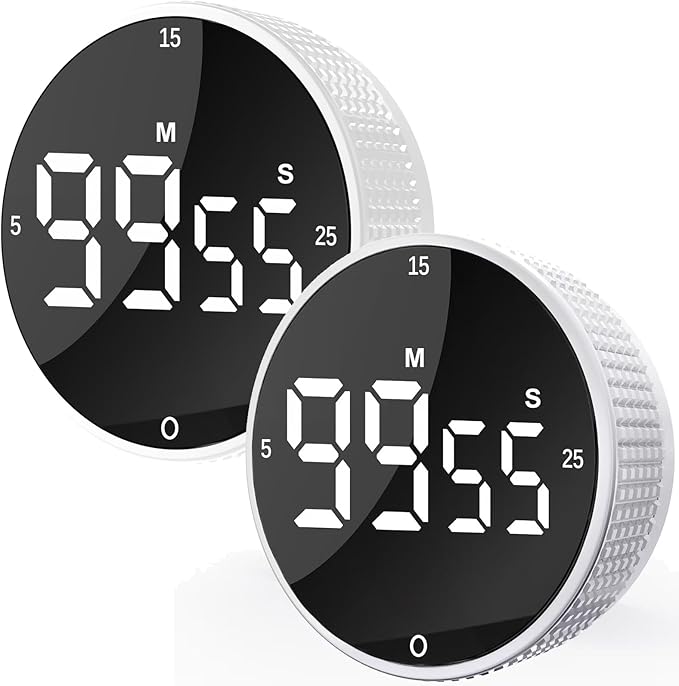 Upgrade Digital Kitchen Timer - 2 Pack Magnetic Countdown Countup Visual Pomodoro Timer with Large LED Display, 3-Preset Times, 3 Volume Levels, Ideal for Cooking, Baking and Fitness (2, White) by Junvil