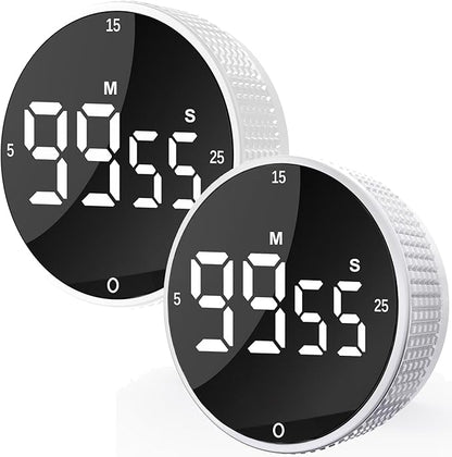 Upgrade Digital Kitchen Timer - 2 Pack Magnetic Countdown Countup Visual Pomodoro Timer with Large LED Display, 3-Preset Times, 3 Volume Levels, Ideal for Cooking, Baking and Fitness (2, White) by Junvil