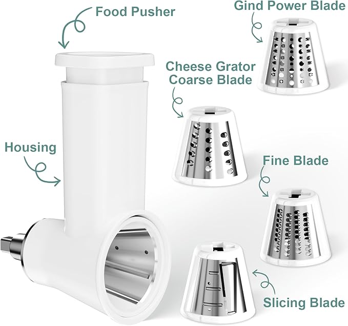 Slicer Shredder Attachment for KitchenAid Stand Mixer, Cheese Grater Attachment for Kitchenaid, Salad Maker, Grinding Powder, Dishwasher Safe with 4 Blades, White - Image 2