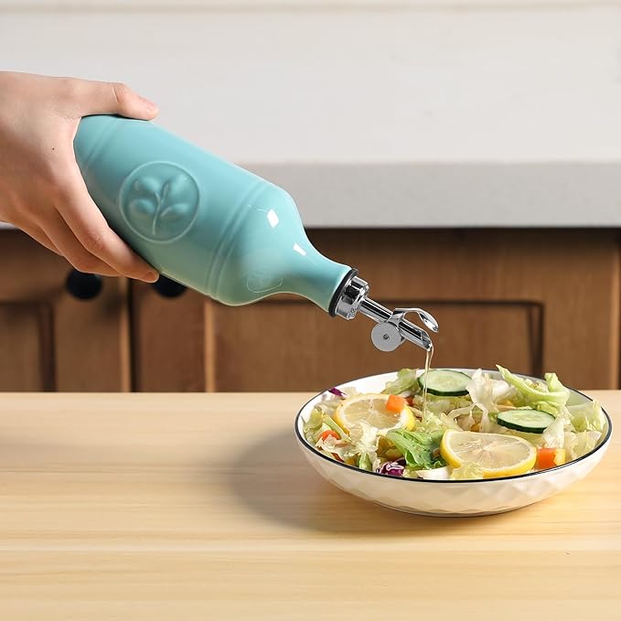 Sweejar 16 Oz Ceramic Olive Oil Dispenser Bottle, Oil Dispenser for Kitchen with Gravity Spout, Relief Opaque Oil Container for Evoo, Avocado Oil, Vinegar, Soy Sauce, 1 Pack(Turquoise, Silver Spout) - Image 4