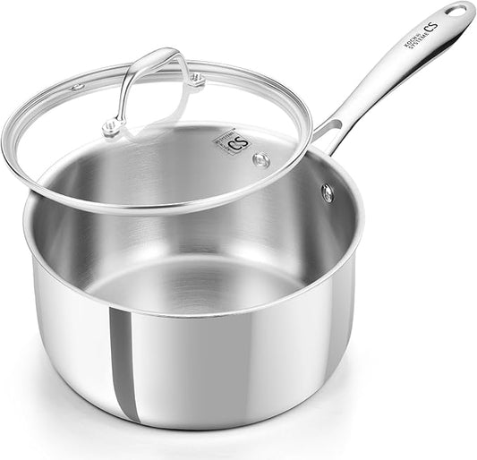 KOCH SYSTEME CS Triply Stainless Steel Saucepan, 3 Quart Stainless Steel Pot with lid, Large Cooking Pot, 3QT Sauce Pan with Stay Cool Handle, Induction Compatible Pot, Oven Safe 600°F