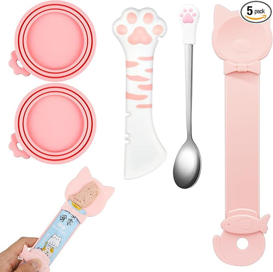 5 PCS Cat Food Can Covers Lids Set, Silicone Pet Food Can Lids with Multi-Function Cat Food Spoon and Opener, Cat Bar Squeezer, Stainless Steel Wet Food Spoon for Cats and Dogs (Pink) (Pink)