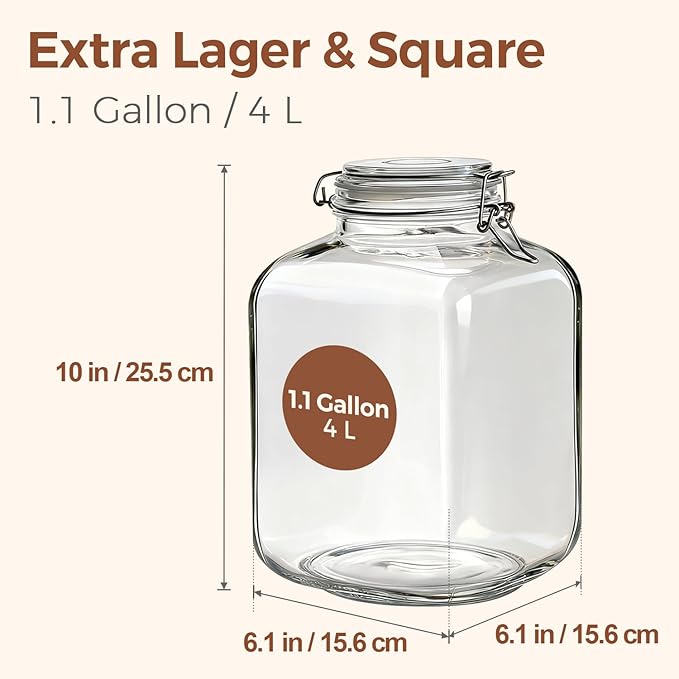 ComSaf Set of 2 Square Glass Jars, 1.1 Gallon (4L) Large Airtight Canisters for Bulk Food Storage, Flour, Rice, Fermenting, Wide Mouth, Space Saving - Image 2