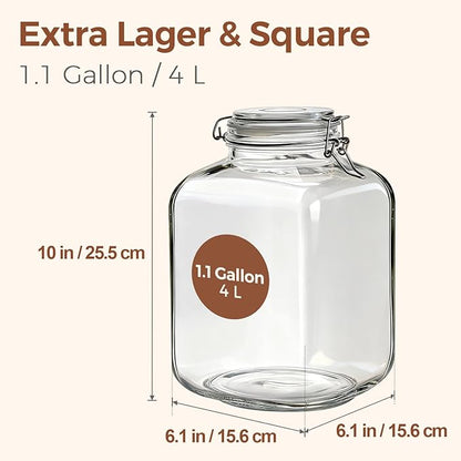 ComSaf Set of 2 Square Glass Jars, 1.1 Gallon (4L) Large Airtight Canisters for Bulk Food Storage, Flour, Rice, Fermenting, Wide Mouth, Space Saving - Image 2
