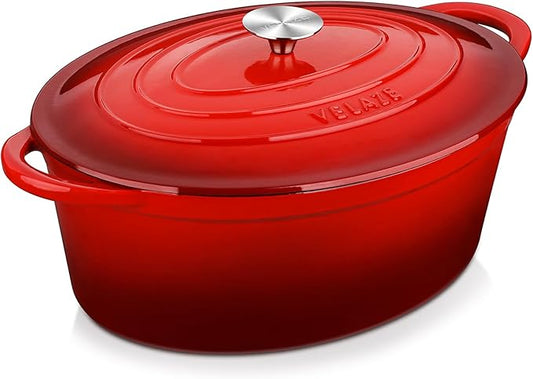 Velaze 7.5 QT Enameled Oval Dutch Oven Pot with Lid, Cast Iron Dutch Oven with Dual Handles for Bread Baking, Cooking, Frying, Non-stick Enamel Coated Cookware (RED) by Velaze