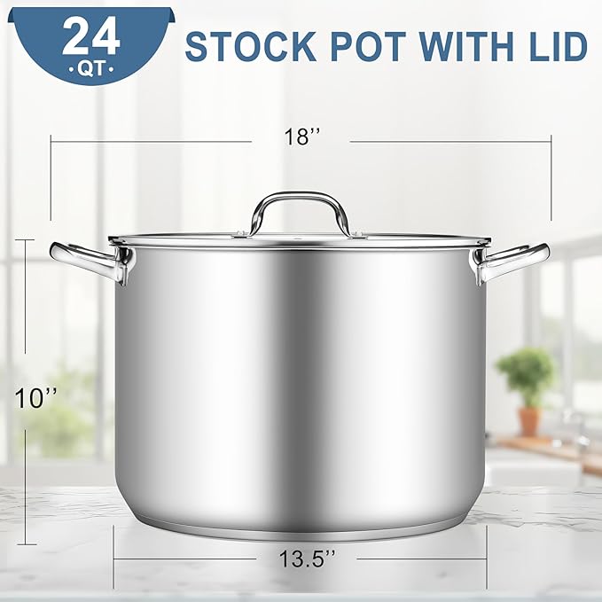 TeamFar Stainless Steel Stock Pot, 24QT Large Stockpot Tri-ply Bottom Cooking Soup Pot with Glass Lid, for Induction Gas Glass Stovetops, Non Toxic & Heavy Duty, Large Size & Easy Clean - Image 2