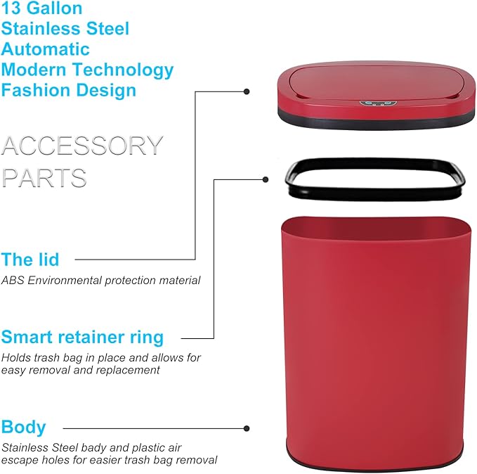 Bigacc 13 Gallon 50L Touch Free Automatic Stainless Steel Trash Can Garbage Can Metal Trash Bin with Lid for Kitchen Living Room Office Bathroom, Electronic Motion Sensor Automatic Trash Can - Red - Image 5