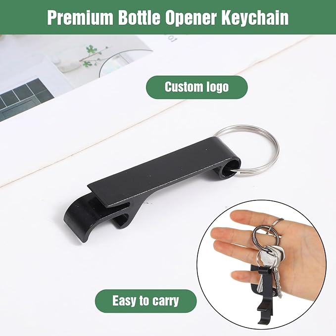 100 Pack Bottle Opener Keychain Bulk Black Metal Pocket Can Opener Key Chain Ring Wine Beer Beverage Heavy Duty Aluminum Bottle Openers Destapadores De Cerveza for Bar Bartender Wedding Party Gifts