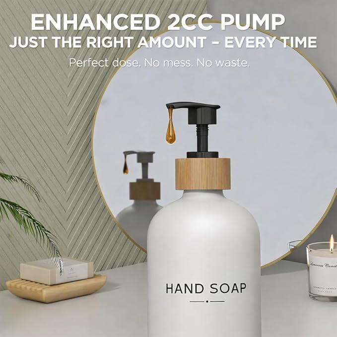Hand and Dish Soap Dispenser Set,16oz Glass Bottles with Printed Labels, Bamboo Tray & Pump,Countertop Soap Dispensers for Kitchen,Luxury, Minimalist & Farmhouse Decor (Hand Dish (White)) - Image 5