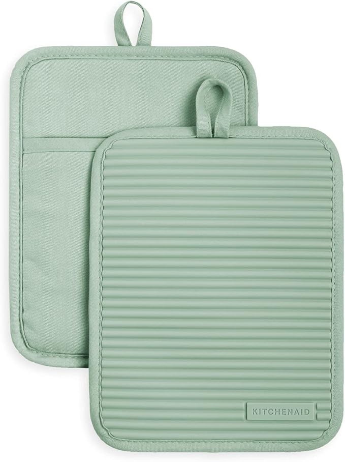 KitchenAid Ribbed Soft Silicone Pot Holder 2-Pack Set, Pistachio Green, 7"x9" - Image 2