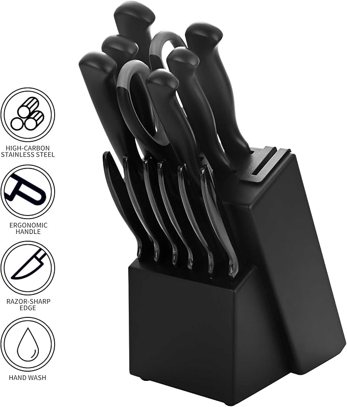 Black Knives Set, 15-Piece Stainless Steel Kitchen Knife Block Sets with Built-In Sharpener, Professional Knife Set with Scissors, Steak Knives