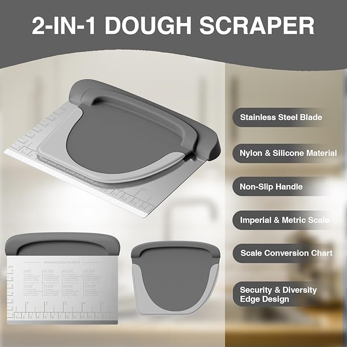 Bench Scraper Dough Cutter Tool - Bowl Pastry Scraper for Bread Cake Pizza, Bench Knife Kitchen Dough Scraper for Baking, Stainless Steel Food Scraper with Grip Handles & Measuring Scale, Grey, Gray - Image 2