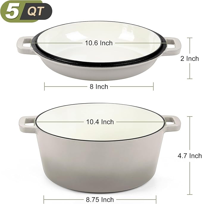 P&P CHEF 5Qt Dutch Oven Pot for Bread Baking (Khaki), 2 In 1 Round Cast Iron Dutch Oven with Lid Set, Skillet & Pot for Roasting Braising Stewing Frying Simmering, Multi Stoves & Oven Safe - Image 2