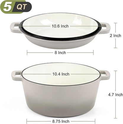 P&P CHEF 5Qt Dutch Oven Pot for Bread Baking (Khaki), 2 In 1 Round Cast Iron Dutch Oven with Lid Set, Skillet & Pot for Roasting Braising Stewing Frying Simmering, Multi Stoves & Oven Safe - Image 2