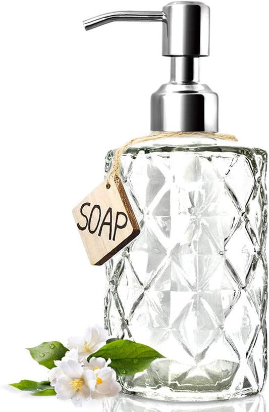 JASAI Diamond Design 12 Oz Glass Soap Dispenser, Kitchen soap Dispenser with 304 Rust Proof Stainless Steel Pump, Bathroom Soap Dispenser for Hand Soap, Soap, Lotion(Clear). by JASAIHOME