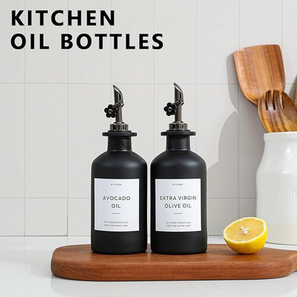 HOMCDALY Olive Oil Dispenser for Kitchen, 11.8oz Glass Kitchen Dispenser Bottle, Black Oil&Vinegar Cruet Set, Leakproof Olive Oil Bottles | Set of 2 (11.8oz – Black) - Image 8