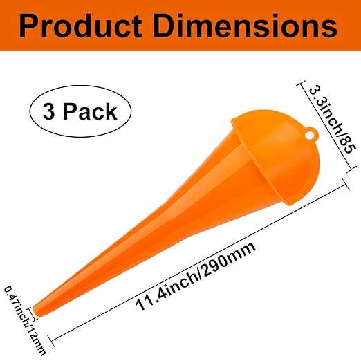 3-Pack Long-Neck Oil Funnels, 11" Multi-Purpose Funnels for Automotive & Motorcycle Use – Reusable Funnel for Oil, Gas & Transmission Fluid (Orange)