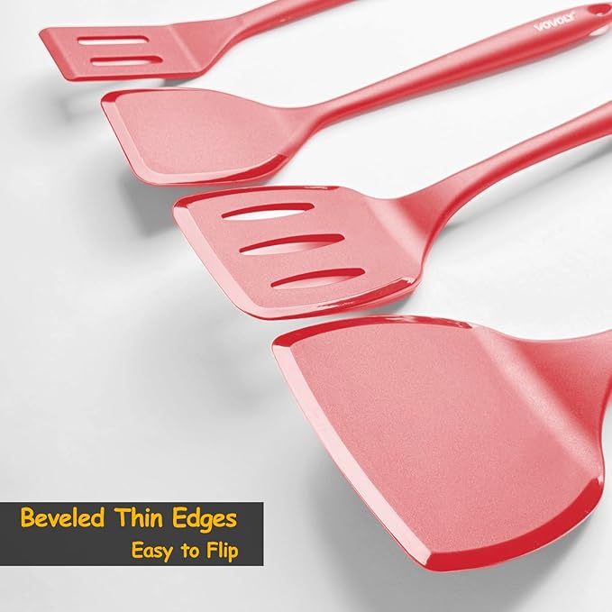 Silicone Spatula Set, 600°F Heat Resistant Silicone Spatula Turner Flipper for Cooking, Non Stick and Non Scratch Kitchen Utensils for Eggs & Pancakes, 4 Pack, Red - Image 3