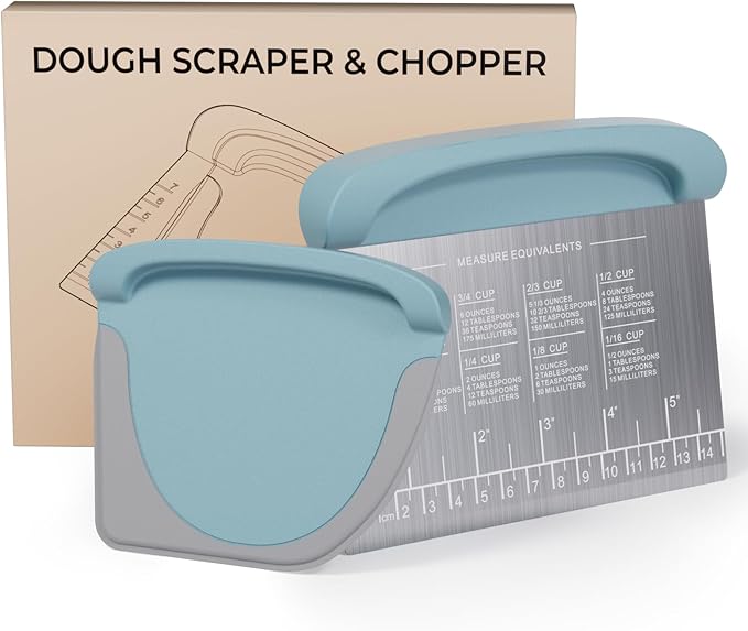 2 IN 1 Upgrade Bench Scraper, Dough Scraper for Pastry Bread Cake Pizza, Stainless Steel Dough Cutter with Conversion Chart & Measuring Scale, Bowl Scraper Food Scraper for Kitchen Baking, Blue by MakeLifeMoreComfortable