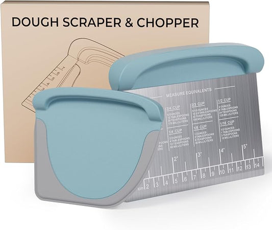 2 IN 1 Upgrade Bench Scraper, Dough Scraper for Pastry Bread Cake Pizza, Stainless Steel Dough Cutter with Conversion Chart & Measuring Scale, Bowl Scraper Food Scraper for Kitchen Baking, Blue by MakeLifeMoreComfortable