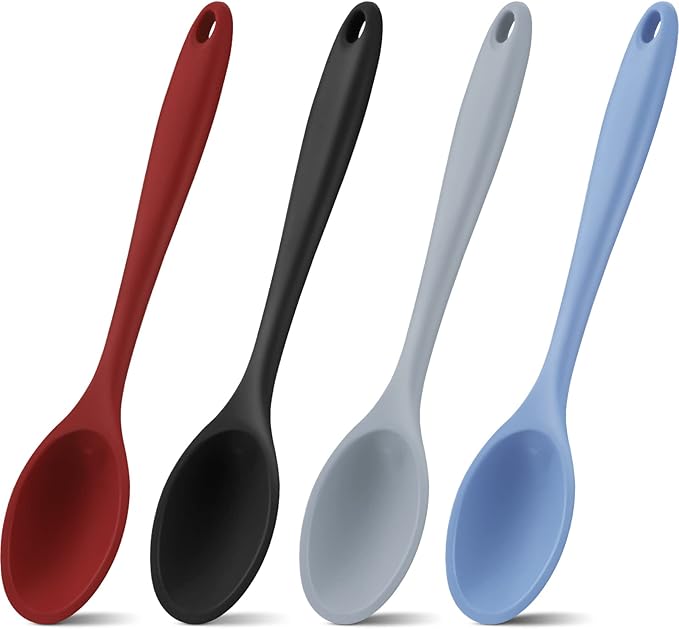 Shappy 4 Pieces Silicone Cooking Spoons 10.6 Inch Heat Resistant Kitchen Spoons for Mixing, Serving and Stirring Upgrade Large Non Stick Basting Utensils, Dishwasher Safe(Spoon,Fashionable Color) by Shappy