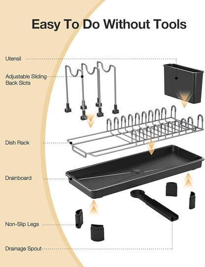 Small Dish Drying Rack Carbon Steel Dish Rack Rustproof for Kitchen Counter Compact Dish Drainer with Adjustable Slots for Small Kitchens & Apartments 16.5×6.5×7inch Black - Image 7