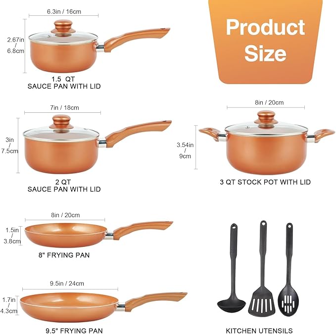 M MELENTA Pots and Pans Set Ultra Nonstick, Pre-Installed 11pcs Cookware Set Copper with Ceramic Coating, Stay cool handle & Nylon Kitchen Utensils, Gas/Induction Compatible, 100% PFOA Free - Image 2