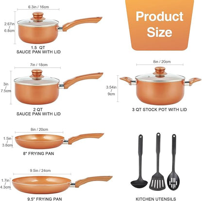 M MELENTA Pots and Pans Set Ultra Nonstick, Pre-Installed 11pcs Cookware Set Copper with Ceramic Coating, Stay cool handle & Nylon Kitchen Utensils, Gas/Induction Compatible, 100% PFOA Free - Image 2
