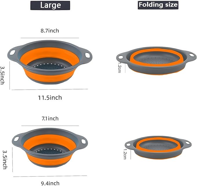 Silicone Colander Collapsible Strainers Set for Kitchen- 2 Pack (3Qt, 4Qt) -Over Home Draining Basket, Food Vegetables & Fruits-Dishwasher Safe, Space Saving Design (Orange) - Image 8