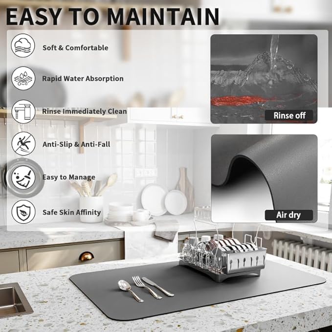 HotLive Dish Drying Mat for Kitchen Counter, Heat Resistant Drainer Mats with Non-slip Rubber Backed, Hide Stain Kitchen Super Absorbent Draining Mat, Easy to Clean Dish Rack Pad, Dark Grey 16"x20" - Image 4