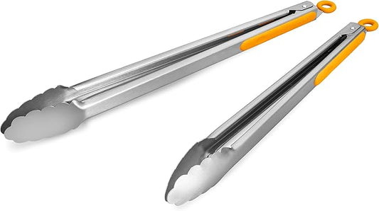 304 Stainless Steel Kitchen Cooking Tongs, 14" and 16" Set of 2 Sturdy Grilling Barbeque Brushed Locking Food Tongs with Ergonomic Grip, Orange by ALLWIN-HOUSEWARE