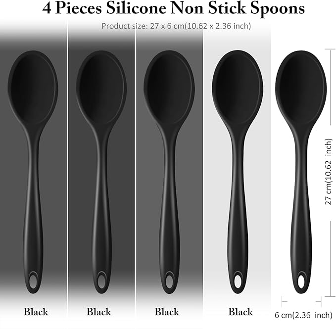 Shappy 4 Pieces Silicone Cooking Spoons 10.6 Inch Heat Resistant Kitchen Spoons for Mixing, Serving and Stirring Upgrade Large Non Stick Basting Utensils, Dishwasher Safe(Spoon,Black) - Image 2