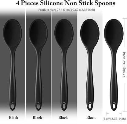 Shappy 4 Pieces Silicone Cooking Spoons 10.6 Inch Heat Resistant Kitchen Spoons for Mixing, Serving and Stirring Upgrade Large Non Stick Basting Utensils, Dishwasher Safe(Spoon,Black) - Image 2