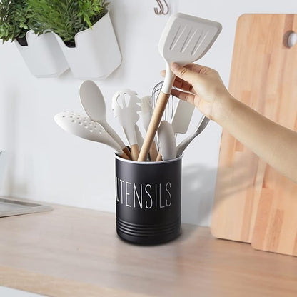 Kitchen Utensil Holder, 6.7" Utensil Holder for Kitchen Counter, Cooking Utensil Crock with Cork Bottom, Modern Farmhouse Decor, Countertop Utensil Storage Organizer Caddy, Black - Image 7