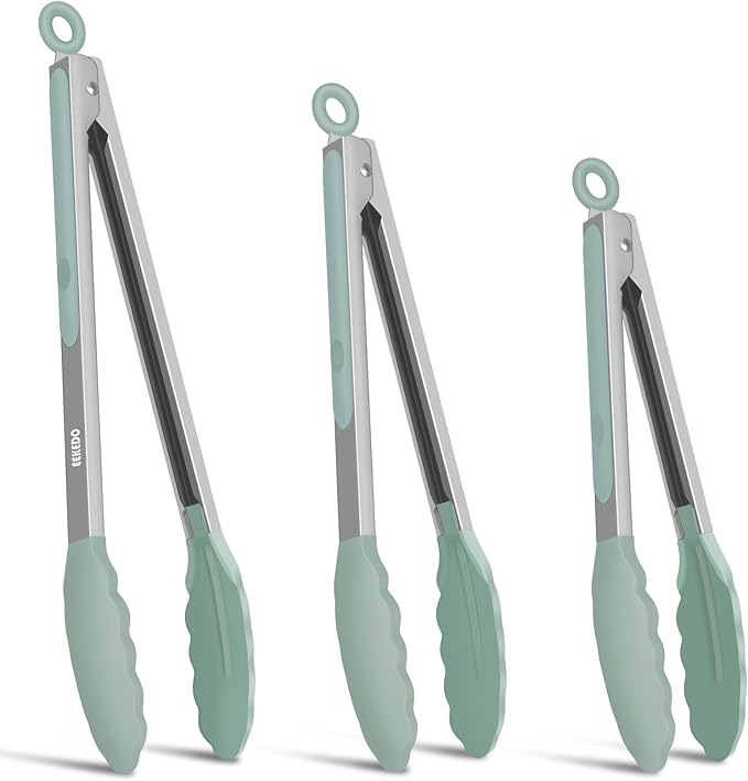Kitchen Tongs, Stainless Steel Cooking Tongs with Silicone Tips, 600ºF High Heat-Resistant Non Scratch Locking Tongs for Cooking BBQ Grilling Air Fryer Pans, Set of 3 (7" 9" and 12") Sage Green by EEKEDO