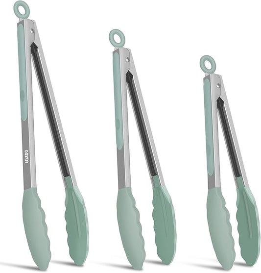 Kitchen Tongs, Stainless Steel Cooking Tongs with Silicone Tips, 600ºF High Heat-Resistant Non Scratch Locking Tongs for Cooking BBQ Grilling Air Fryer Pans, Set of 3 (7" 9" and 12") Sage Green by EEKEDO