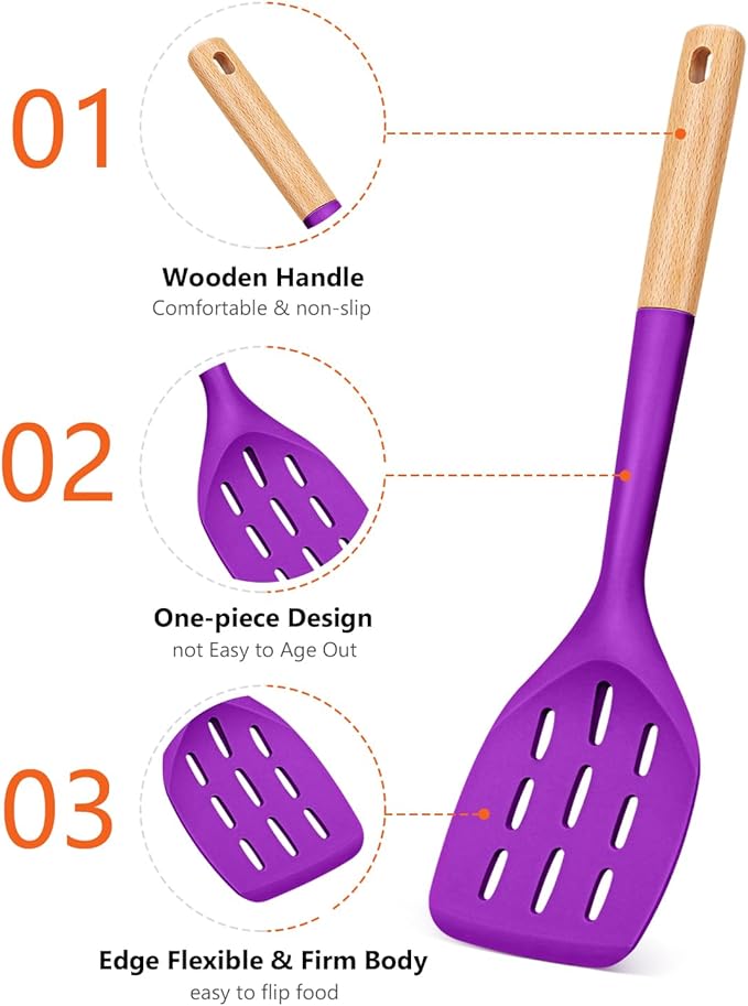 Pack of 2 Silicone Spatula, Non Stick Cooking Utensil Set, Wooden Handle Kitchen Turner for Baking Mixing Grilling Serving Food Heat Resistant (BERRY) - Image 3