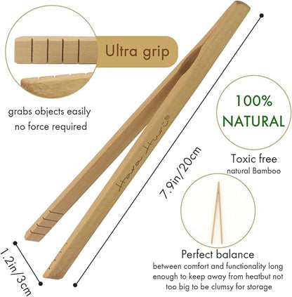 Bamboo Toaster Tongs - Set of 2 Reusable Heat Resistant Wooden Toast Tongs - 8 Inches Long Natural Toaster Tong Bamboo - Useful Kitchen Utensil for Serving Pickle Muffin Bread Tong - HaraHuri
