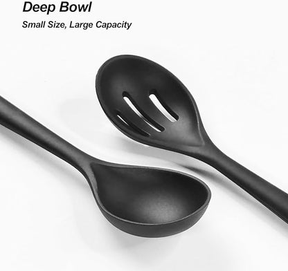 Silicone Spoons for Cooking - Kitchen Spoons for Mixing, Serving, & Stirring - 600°F Heat-Resistant Non Stick Utensils Ladle & Skimmer- Dishwasher Safe, Black,10.3IN