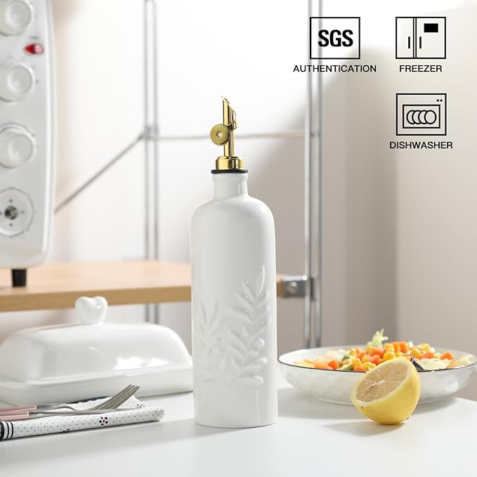 Sweejar 18 Oz Oil Dispenser for Kitchen with Gravity Spout, Ceramic Olive Oil Dispenser Bottle, Relief Opaque Vinegar Container for Evoo, Vinegar, Soy Sauce, Pack of 1(White, Gold Spout) - Image 2