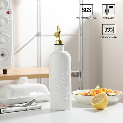 Sweejar 18 Oz Oil Dispenser for Kitchen with Gravity Spout, Ceramic Olive Oil Dispenser Bottle, Relief Opaque Vinegar Container for Evoo, Vinegar, Soy Sauce, Pack of 1(White, Gold Spout) - Image 2
