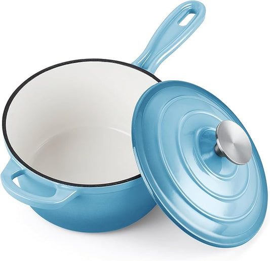 Homikit Small Cast Iron Pot, 1 QT Enameled Cast Iron Sauce Pan with Lid, Heavy Duty Enamel Dutch Oven Kitchen Cookware for Making Pasta, Boiling Soup, Warming Milk, Nonstick & Oven Safe, Sky Blue