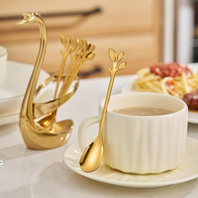 AnSaw Gold Small Coffee Spoon Holder Set,Swan Base With 10 Pcs Demitasse Espresso Spoons Set,4.7" Mini Leaf Dessert Spoon,Stainless Steel Tea Spoons - Image 4