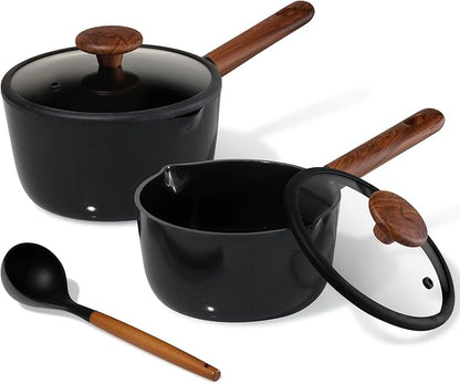 CAROTE 2QT & 3QT Sauce Pan Sets with Lid & Ladle Ceramic Nonstick Pot Set Non Toxic Saucepan Small Kitchen Cooking Pots, Easy to Clean, Induction Comptable, PFAS PTFE Free, Black by CAROTE