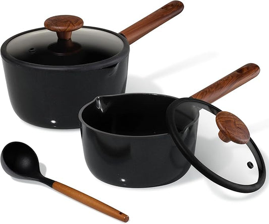 CAROTE 2QT & 3QT Sauce Pan Sets with Lid & Ladle Ceramic Nonstick Pot Set Non Toxic Saucepan Small Kitchen Cooking Pots, Easy to Clean, Induction Comptable, PFAS PTFE Free, Black by CAROTE
