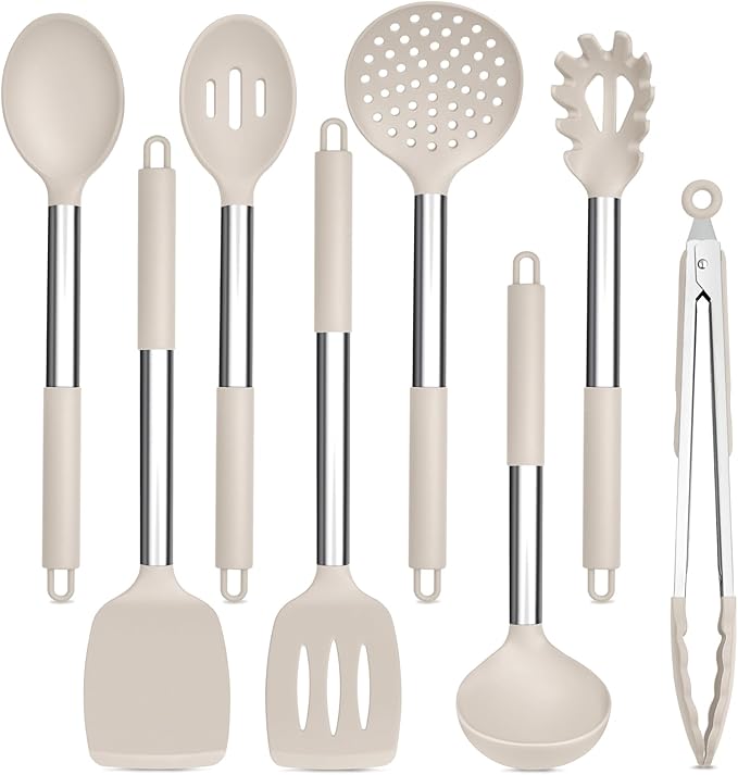TeamFar Kitchen Utensils Set of 8, Silicone Utensils Kitchen Tools Set with Stainless Steel Handle, for Frying Serving Flipping Draining, Non-toxic & Heatproof, Nonstick & Dishwasher Safe - Khaki by TeamFar