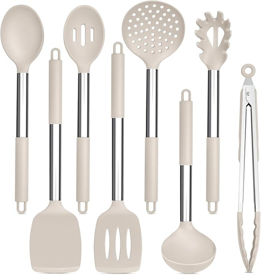 TeamFar Kitchen Utensils Set of 8, Silicone Utensils Kitchen Tools Set with Stainless Steel Handle, for Frying Serving Flipping Draining, Non-toxic & Heatproof, Nonstick & Dishwasher Safe - Khaki by TeamFar