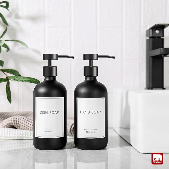 GMISUN Black Soap Dispenser, 2 Pack Matte Black Hand Soap Dispensers for Bathroom, 17 Fl Oz Glass Dish Soap Dispenser for Kitchen with Stainless Steel Pump, Modern Liquid Soap Bottle Set - Image 4