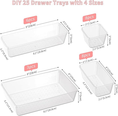 25 PCS Plastic Drawer Organizer Set, 4-size Clear Bathroom and Vanity Desk Drawer Organizer Trays, Non-Slip Versatile Storage Bins for Makeup Jewelry Office Kitchen Gadgets