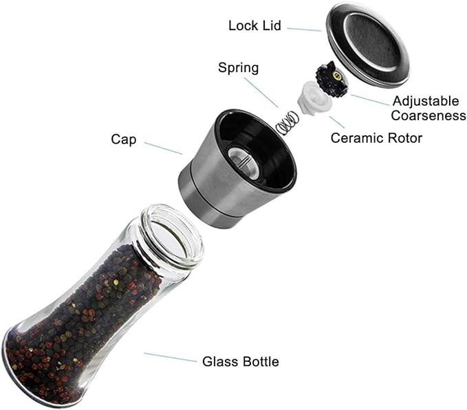 Elegant Pepper and Salt Grinder Set of 2, Best Spice Mill with Brushed Stainless Steel Cap, Ceramic Blades, Adjustable Coarseness, and Refillable Tall Glass Body with 6OZ Capacity (7.5"). - Image 3